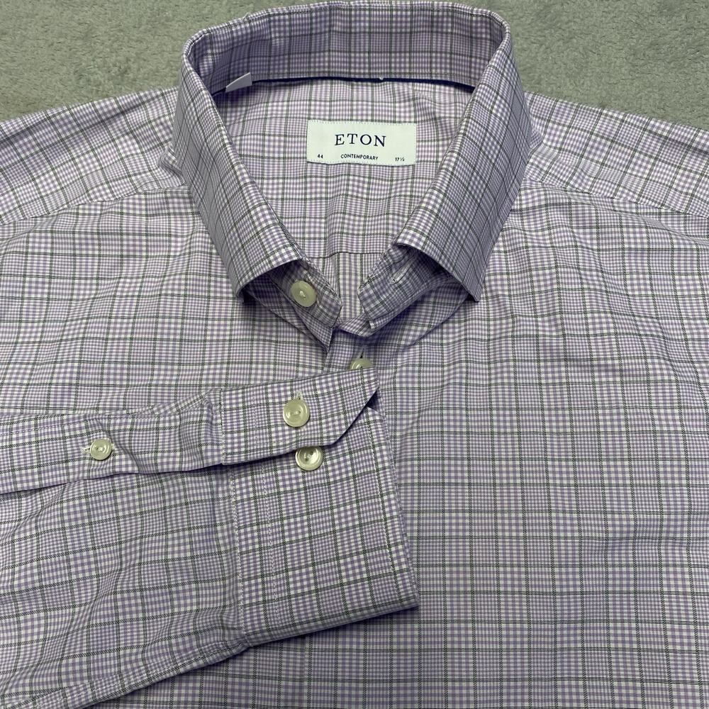 Eton Contemporary 44 17.5 Shirt Purple Plaid Button‎ Down Business Casual